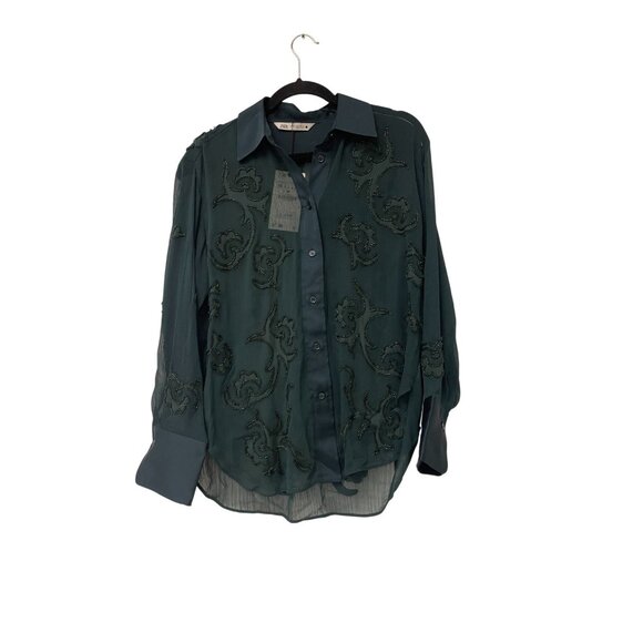 Zara Womens Top Sheer Blouse M Medium Green Embellished beaded 4786/089 NWT - Picture 3 of 14